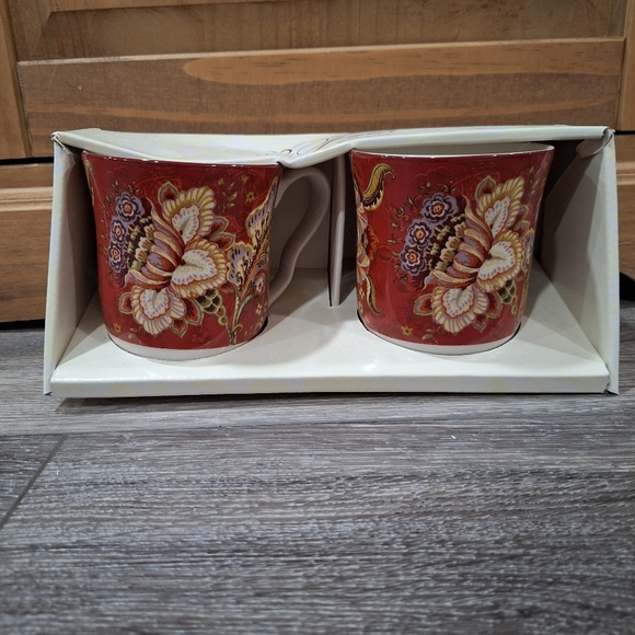 New Set of 2 Floral Coffee Mugs by 222 Fifth: Burgundy Red - Picture 1 of 6
